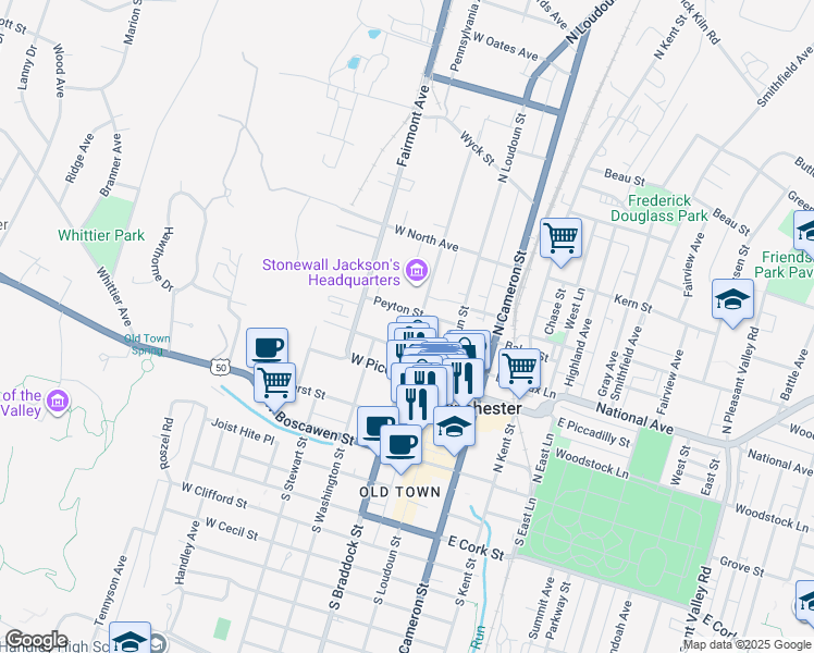 map of restaurants, bars, coffee shops, grocery stores, and more near 118 West Fairfax Lane in Winchester