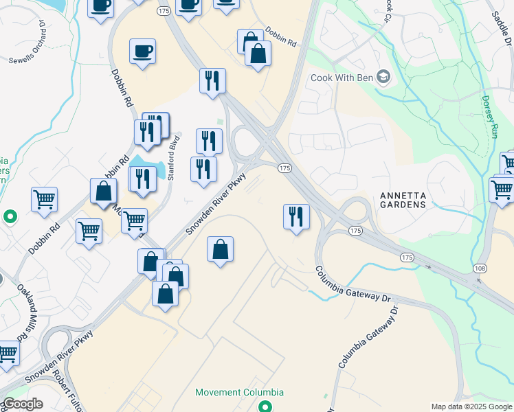 map of restaurants, bars, coffee shops, grocery stores, and more near 6760 Alexander Bell Drive in Columbia