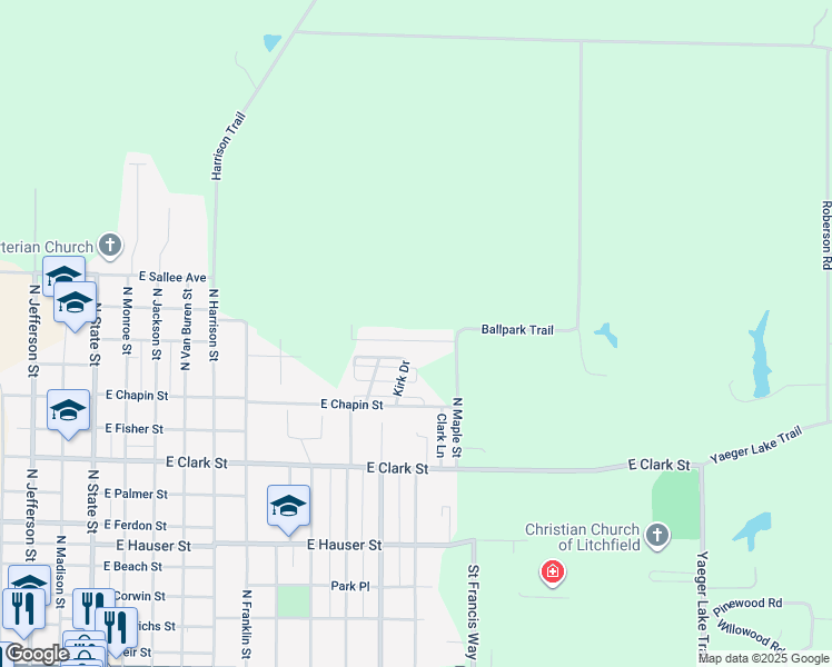 map of restaurants, bars, coffee shops, grocery stores, and more near 1011 Prairie Street in Litchfield