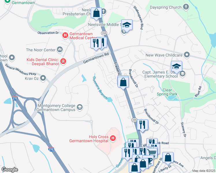 map of restaurants, bars, coffee shops, grocery stores, and more near 11910 Weybridge Lane in Germantown