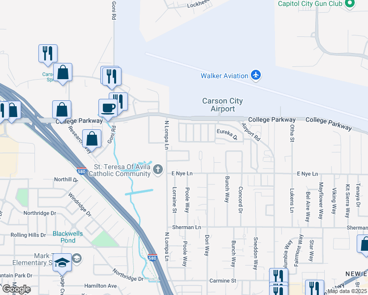 map of restaurants, bars, coffee shops, grocery stores, and more near 12 Bryan Circle in Carson City