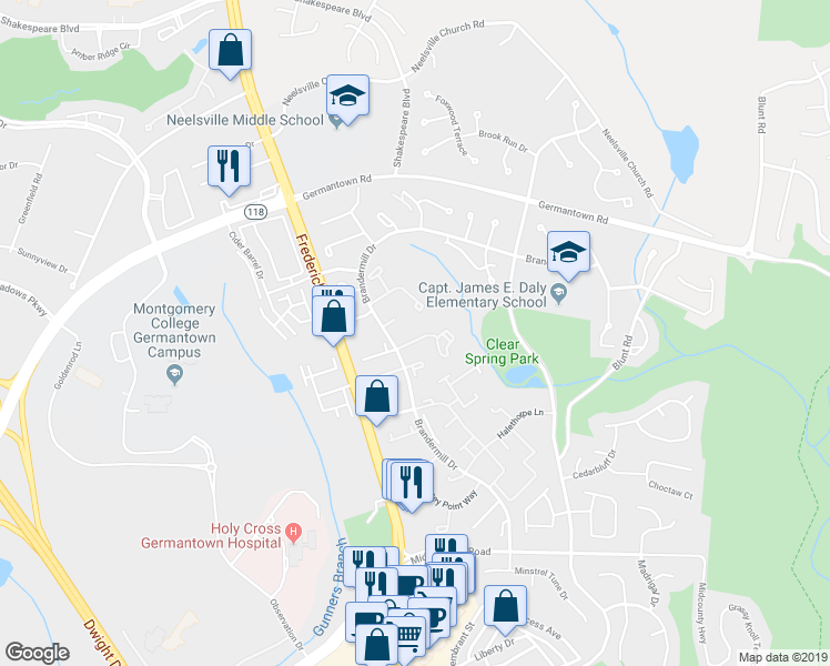 map of restaurants, bars, coffee shops, grocery stores, and more near 11481 Brundidge Terrace in Germantown
