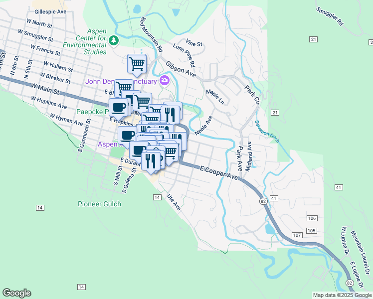 map of restaurants, bars, coffee shops, grocery stores, and more near 802 East Cooper Avenue in Aspen