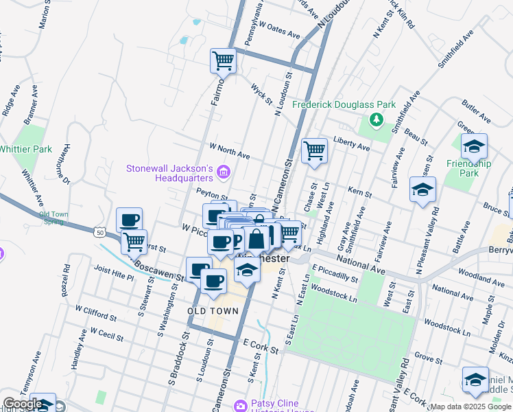 map of restaurants, bars, coffee shops, grocery stores, and more near in Winchester