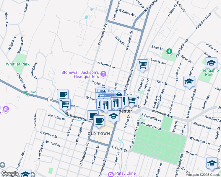 map of restaurants, bars, coffee shops, grocery stores, and more near 301 North Loudoun Street in Winchester