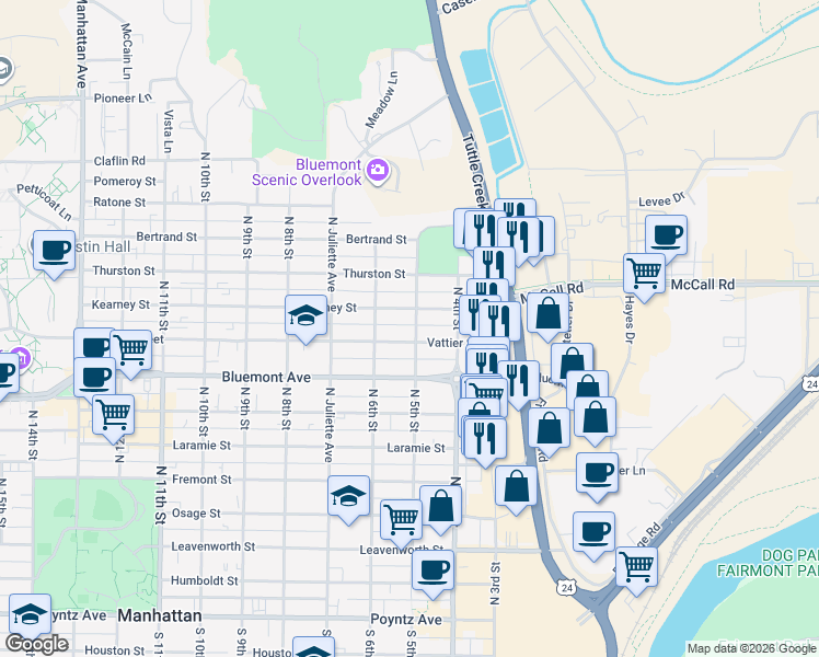 map of restaurants, bars, coffee shops, grocery stores, and more near 515 Vattier Street in Manhattan