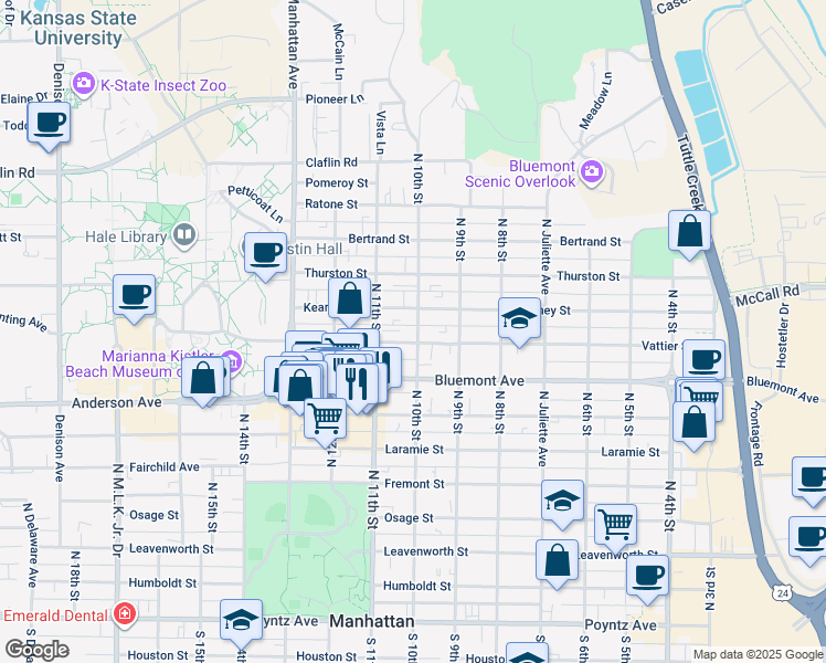 map of restaurants, bars, coffee shops, grocery stores, and more near 931 Vattier Street in Manhattan