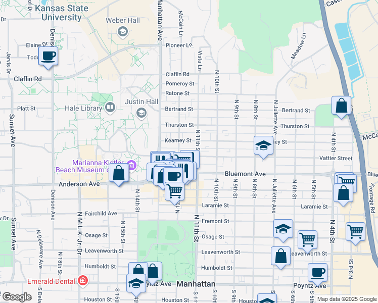map of restaurants, bars, coffee shops, grocery stores, and more near 1127 Vattier Street in Manhattan