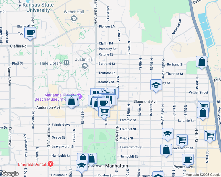 map of restaurants, bars, coffee shops, grocery stores, and more near 1127 Vattier Street in Manhattan