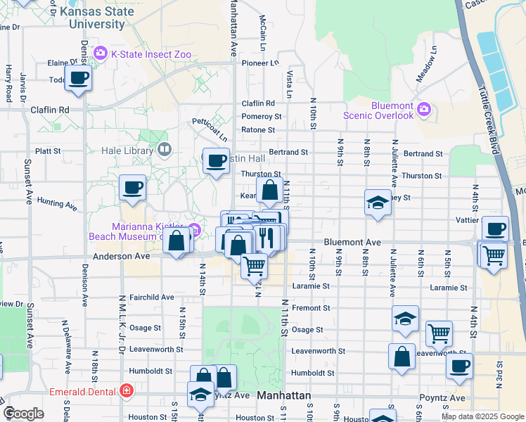 map of restaurants, bars, coffee shops, grocery stores, and more near 1127 Vattier Street in Manhattan