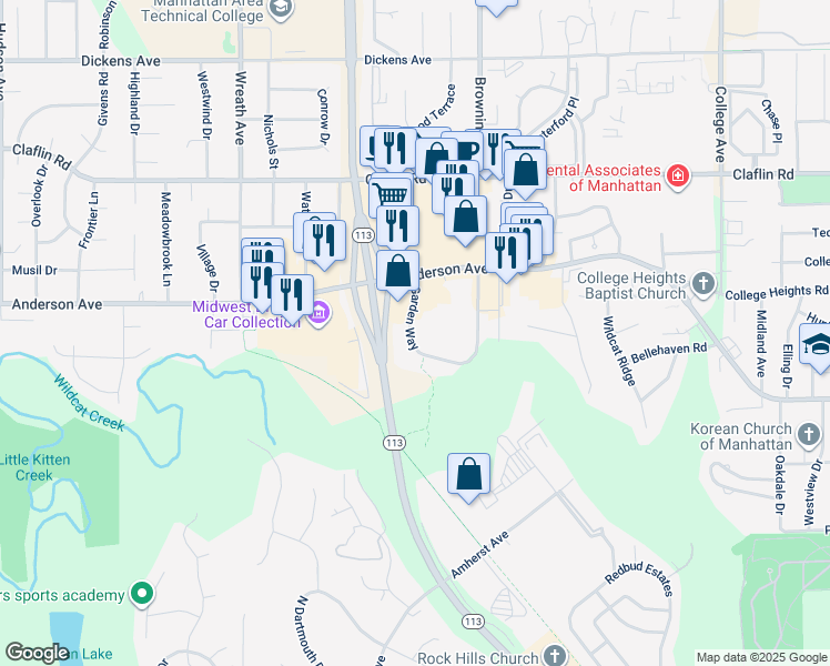 map of restaurants, bars, coffee shops, grocery stores, and more near 1119 Garden Way in Manhattan