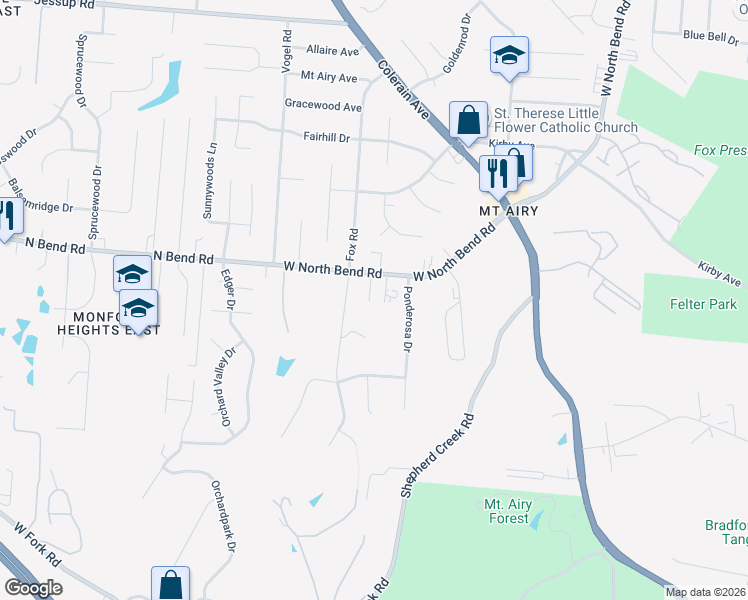 map of restaurants, bars, coffee shops, grocery stores, and more near 2741 West North Bend Road in Cincinnati