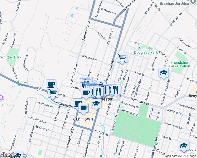 map of restaurants, bars, coffee shops, grocery stores, and more near in Winchester