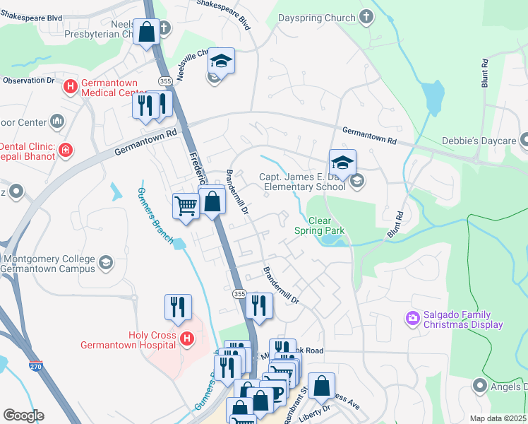 map of restaurants, bars, coffee shops, grocery stores, and more near 11481 Brundidge Terrace in Germantown