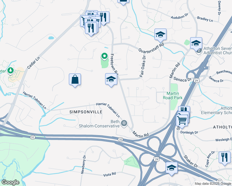 map of restaurants, bars, coffee shops, grocery stores, and more near 6520 Freetown Road in Columbia