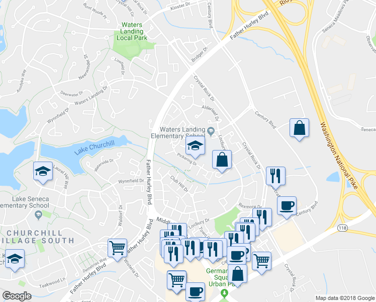 map of restaurants, bars, coffee shops, grocery stores, and more near 20209 Thunderhead Way in Germantown