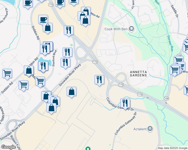 map of restaurants, bars, coffee shops, grocery stores, and more near 6716 Alexander Bell Drive in Columbia