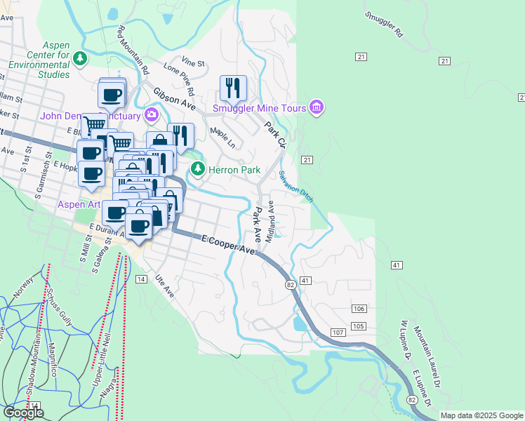 map of restaurants, bars, coffee shops, grocery stores, and more near 333 Park Avenue in Aspen