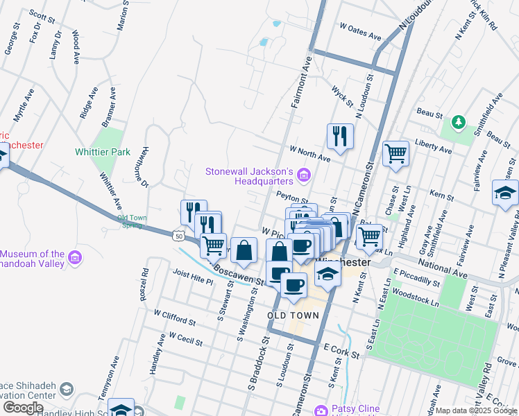 map of restaurants, bars, coffee shops, grocery stores, and more near 303 Fairmont Avenue in Winchester