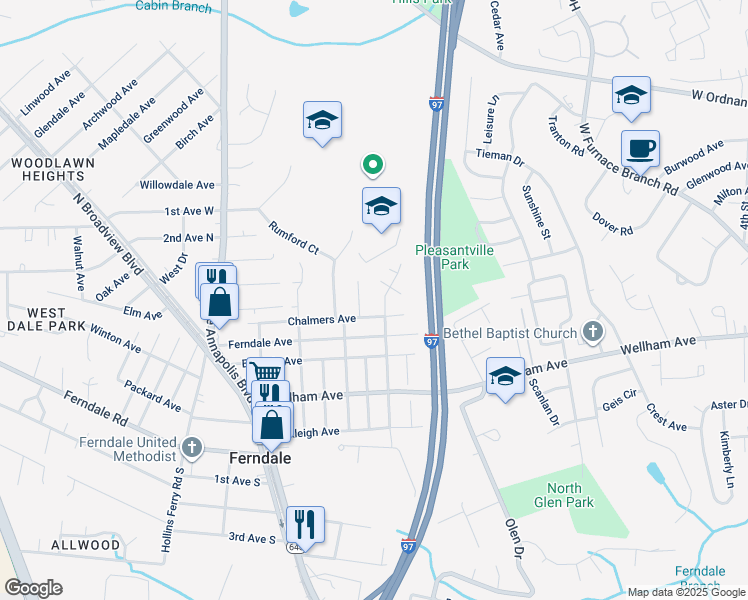 map of restaurants, bars, coffee shops, grocery stores, and more near 306 Vista Avenue in Glen Burnie