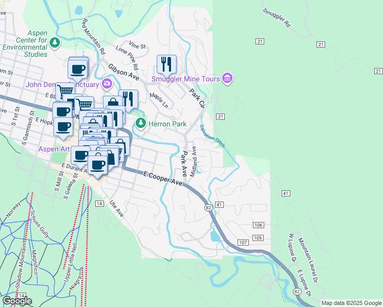 map of restaurants, bars, coffee shops, grocery stores, and more near 336 Midland Avenue in Aspen