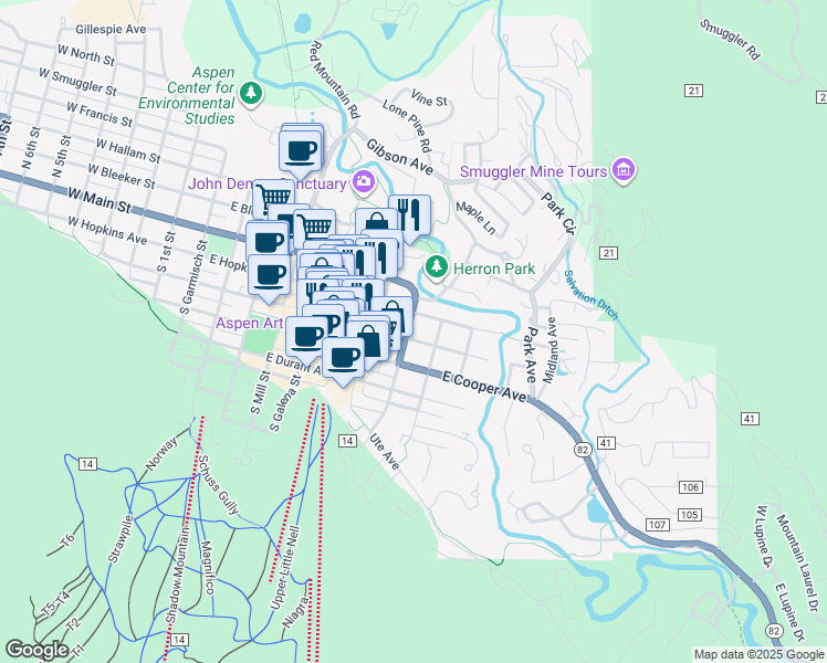 map of restaurants, bars, coffee shops, grocery stores, and more near 730 East Hopkins Avenue in Aspen