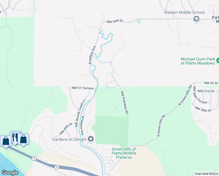 map of restaurants, bars, coffee shops, grocery stores, and more near Northwest Parkdale Circle Terrace in Kansas City