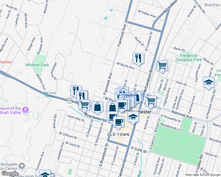 map of restaurants, bars, coffee shops, grocery stores, and more near 350 Fairmont Avenue in Winchester