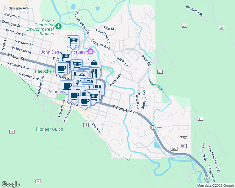 map of restaurants, bars, coffee shops, grocery stores, and more near 898 East Hopkins Avenue in Aspen