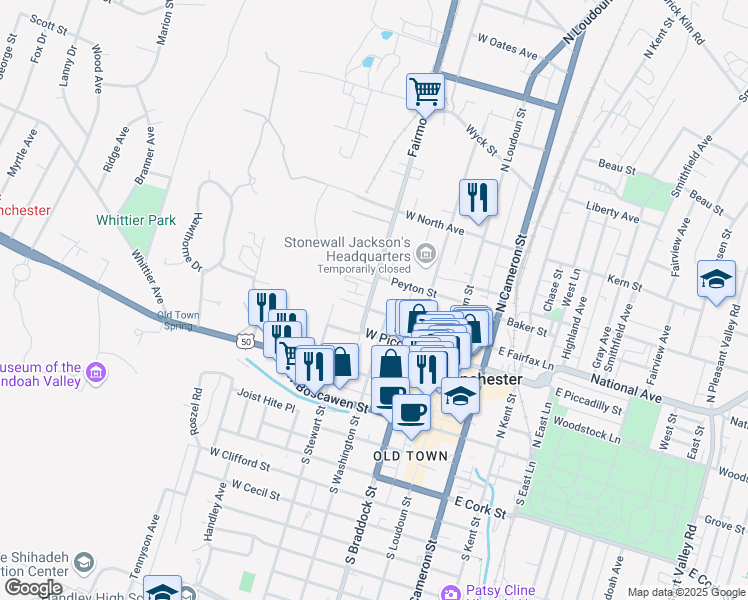 map of restaurants, bars, coffee shops, grocery stores, and more near 350 Fairmont Avenue in Winchester
