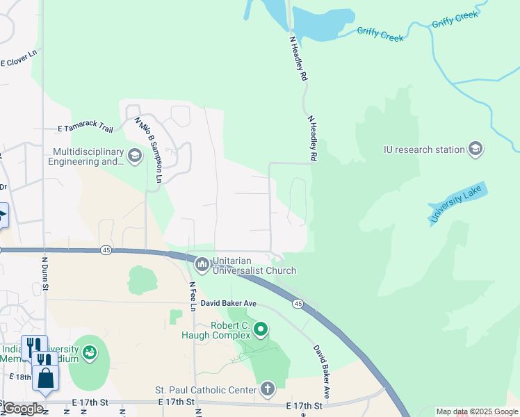 map of restaurants, bars, coffee shops, grocery stores, and more near 1630-1640 East Maplecrest Drive in Bloomington