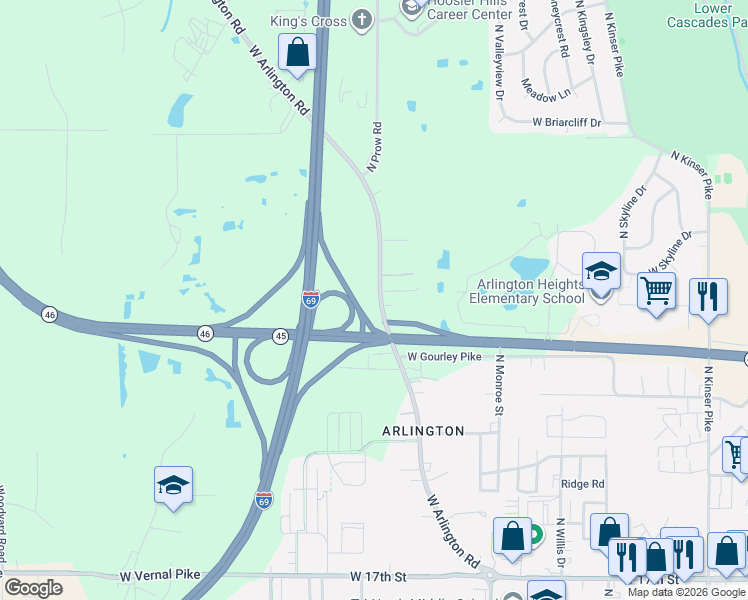 map of restaurants, bars, coffee shops, grocery stores, and more near 2308 West Arlington Road in Bloomington