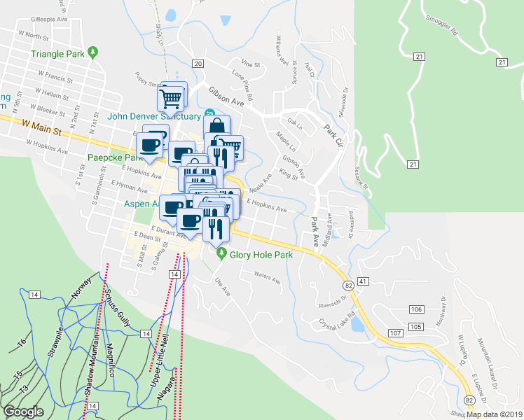 map of restaurants, bars, coffee shops, grocery stores, and more near 905 East Hopkins Avenue in Aspen