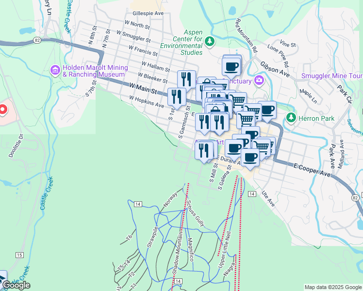 map of restaurants, bars, coffee shops, grocery stores, and more near 120 West Cooper Avenue in Aspen