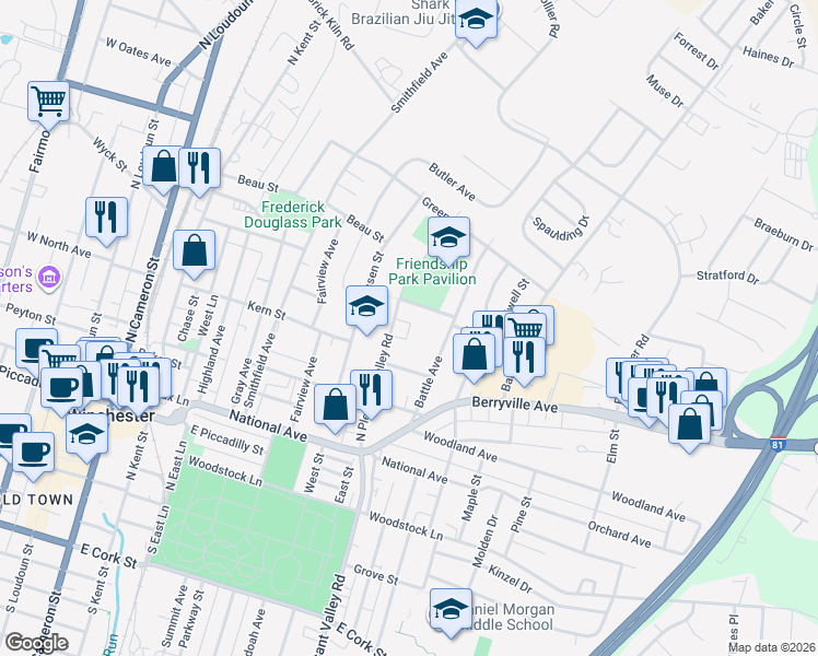 map of restaurants, bars, coffee shops, grocery stores, and more near 605 Bruce Street in Winchester