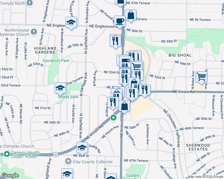 map of restaurants, bars, coffee shops, grocery stores, and more near 2404 Northeast 52nd Street in Kansas City