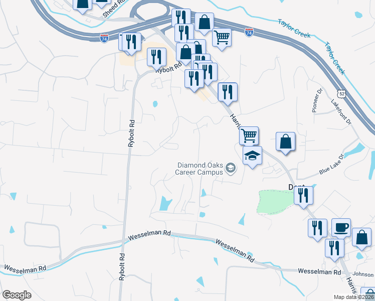 map of restaurants, bars, coffee shops, grocery stores, and more near 5217 Eaglesnest Drive in Cincinnati