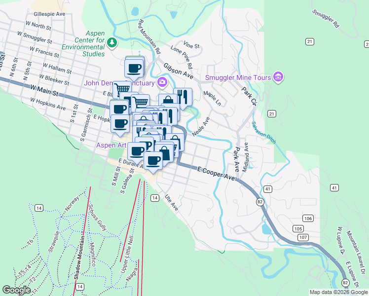 map of restaurants, bars, coffee shops, grocery stores, and more near 250 South Original Street in Aspen