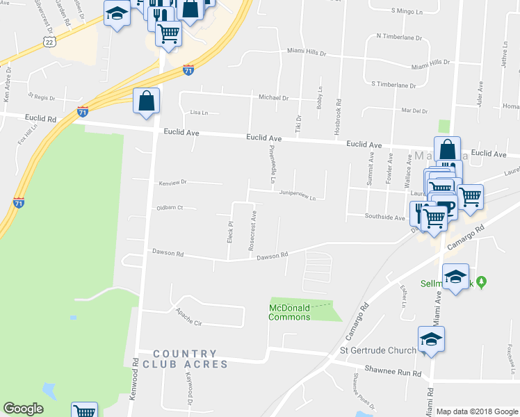 map of restaurants, bars, coffee shops, grocery stores, and more near 6792 Rose Crest Avenue in Cincinnati