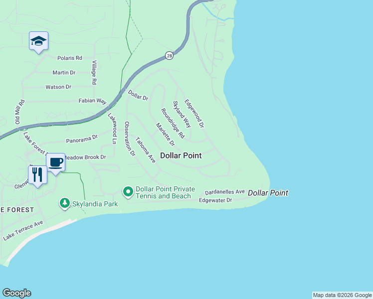 map of restaurants, bars, coffee shops, grocery stores, and more near 120 Roundridge Road in Tahoe City