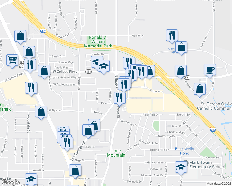 map of restaurants, bars, coffee shops, grocery stores, and more near 3308 North Roop Street in Carson City