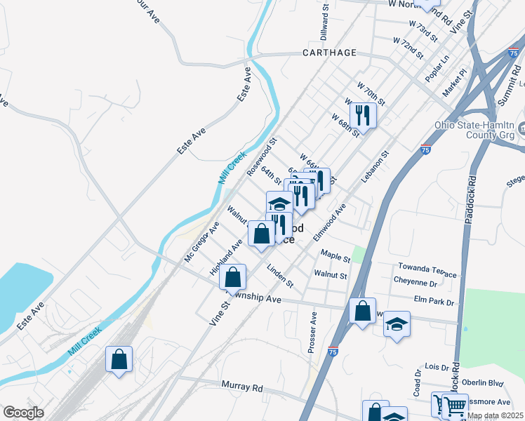 map of restaurants, bars, coffee shops, grocery stores, and more near 511 Oak Street in Elmwood Place