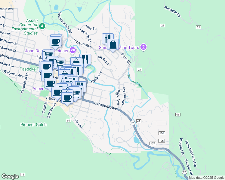 map of restaurants, bars, coffee shops, grocery stores, and more near 333 Park Avenue in Aspen
