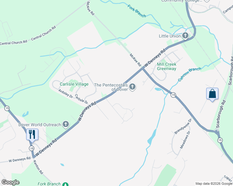 map of restaurants, bars, coffee shops, grocery stores, and more near 4432 West Denneys Road in Dover