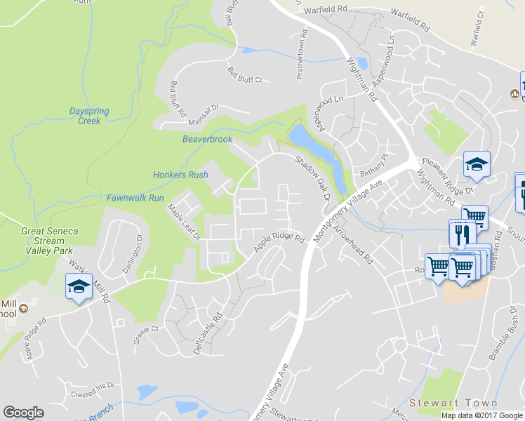 map of restaurants, bars, coffee shops, grocery stores, and more near 9872 Brookridge Court in Gaithersburg