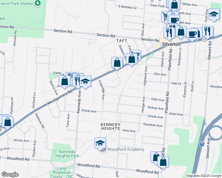map of restaurants, bars, coffee shops, grocery stores, and more near 26 Aldon Lane in Cincinnati