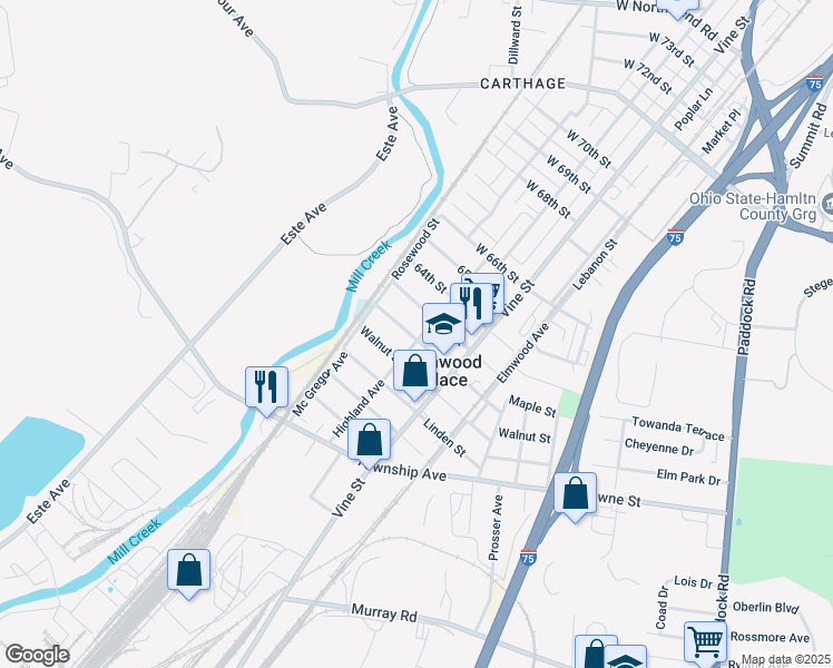 map of restaurants, bars, coffee shops, grocery stores, and more near 511 Oak Street in Elmwood Place