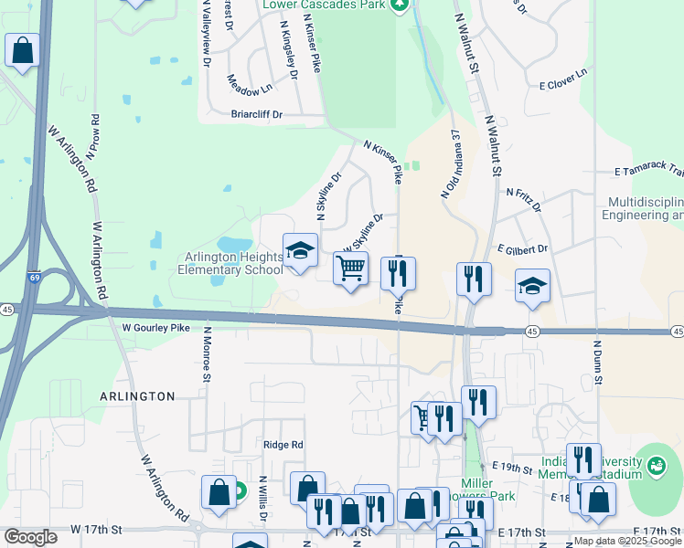 map of restaurants, bars, coffee shops, grocery stores, and more near 651 West Skyline Drive in Bloomington