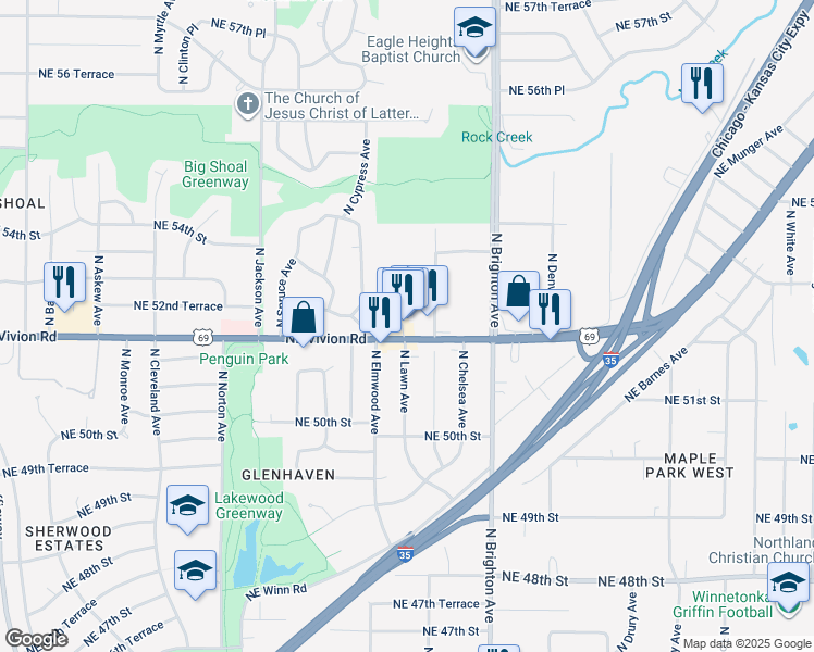 map of restaurants, bars, coffee shops, grocery stores, and more near 5226 North Lister Avenue in Kansas City