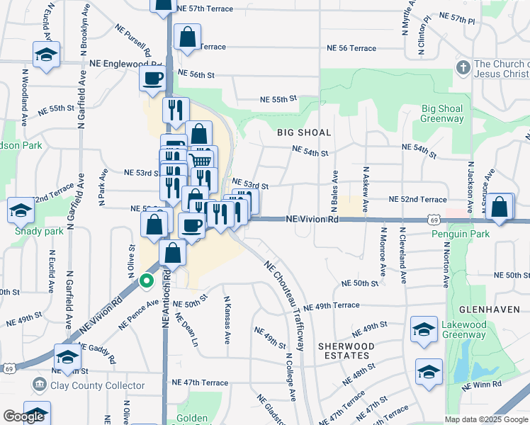 map of restaurants, bars, coffee shops, grocery stores, and more near 5230 North Bellefontaine Avenue in Kansas City